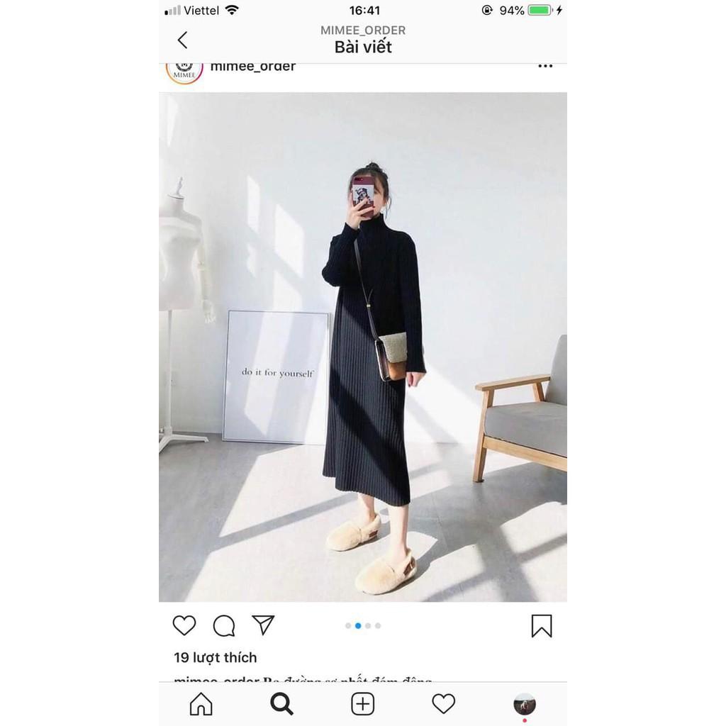 Váy Midi Len Cổ Lọ Nữ Đầm suông dáng dài co dãn màu đen trơn bánh bèo tiểu thư Ulzzang HOT ! *