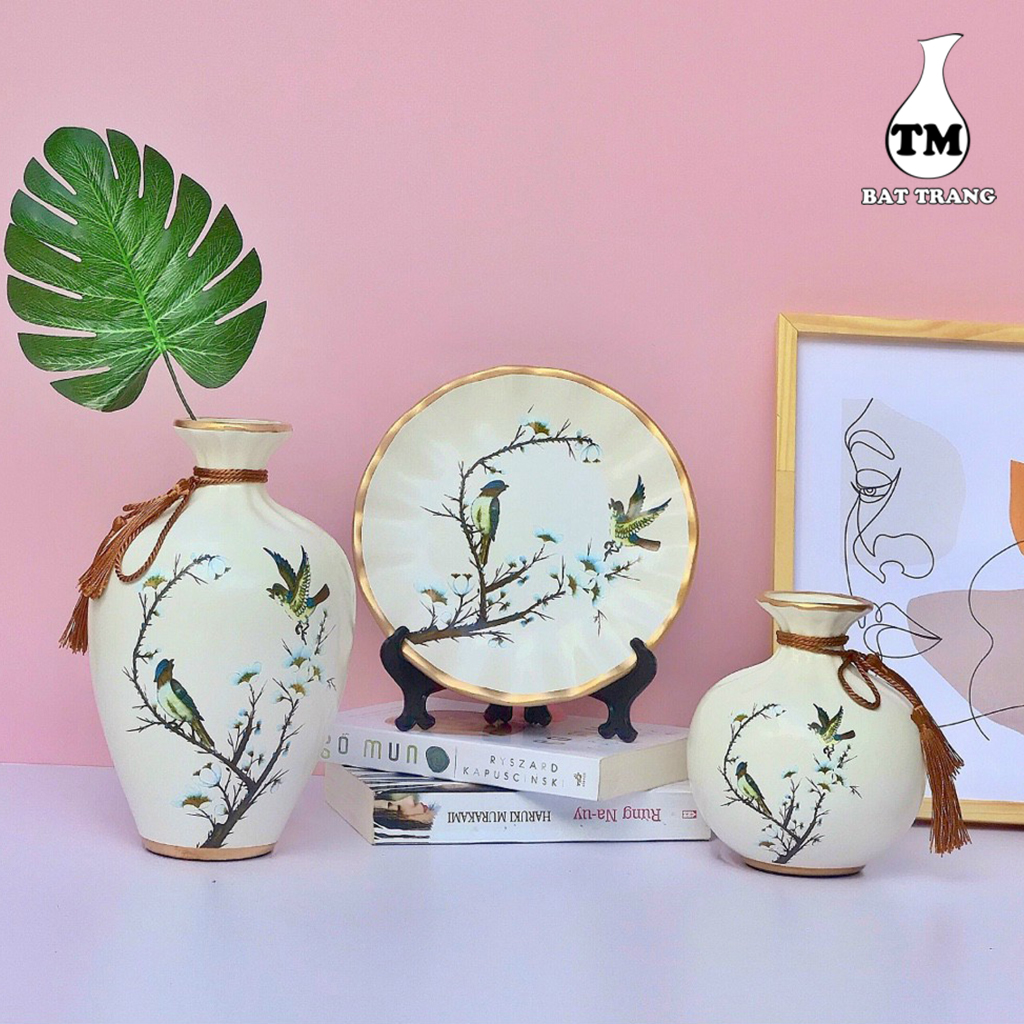 Set 3 Bình Hoa Xưởng Gốm TM Bát Tràng Họa Tiết Gốm Sứ Decor Cao Cấp (Giao mẫu ngẫu nhiên