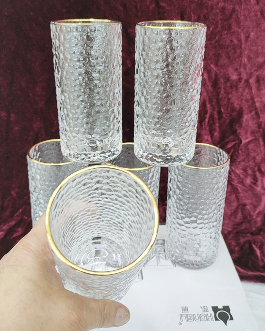 BỘ CỐC THỦY TINH VẤN SẦN VIỀN VÀNG CỐC ỐNG,CỐC HƠI LOE MIỆNG