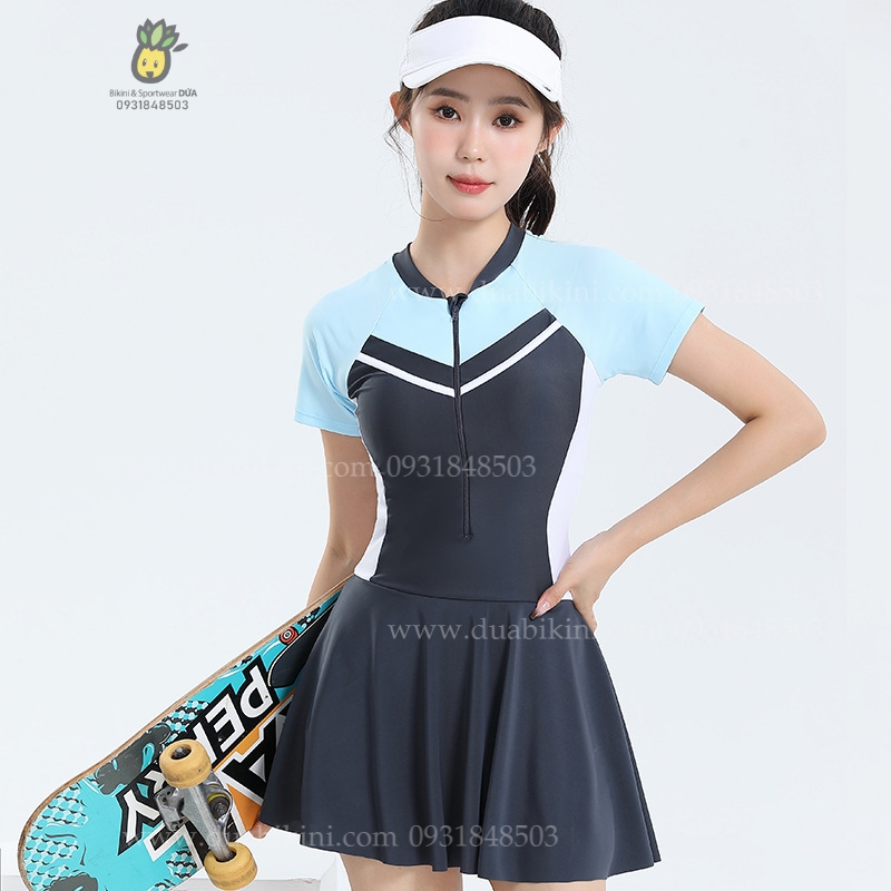 Đồ bơi nữ liền thân dáng váy tay ngắn phong cách thể thao | DỨA BIKINI &amp; SPORTWEAR