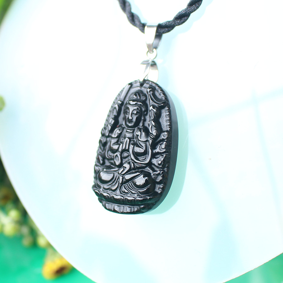 Dây chuyền Phật Thiên Thủ Thiên Nhãn_ Phật hộ mệnh cho tuổi Tý_Mặt Phật đá phong thủy_ Phật bản mệnh, Mặt Phật Đá Núi Lửa Obsidian (2,5 x 3,3 cm)