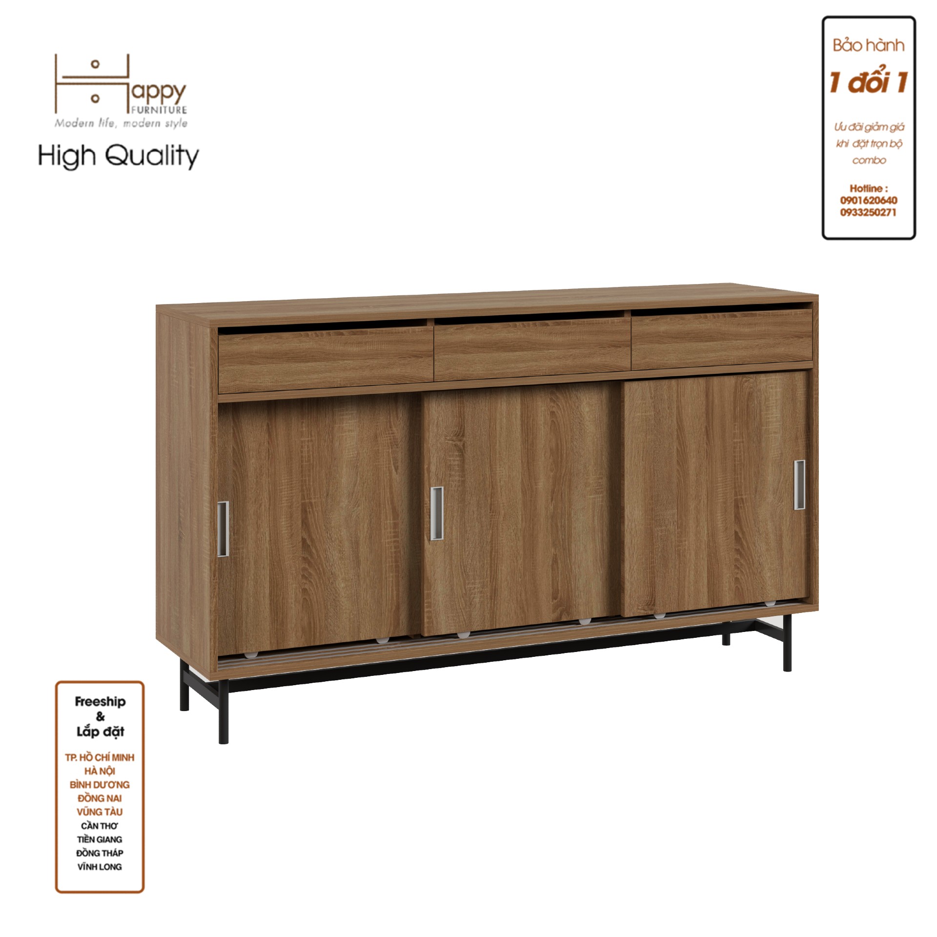 LUCA, Tủ lưu trữ 3 cánh lùa - Chân sắt, 150cm x 40cm x 90cm , TCL_016