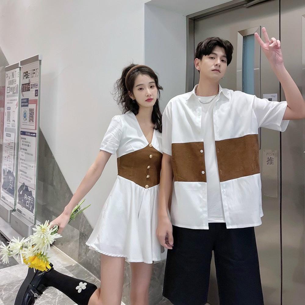 SET ÁO ĐÔI NAM NỮ CHỤP HÌNH CƯỚI ĐỒ CẶP ÁO SƠ MI NAM ĐẦM HÀN QUỐC MÀU TRẮNG