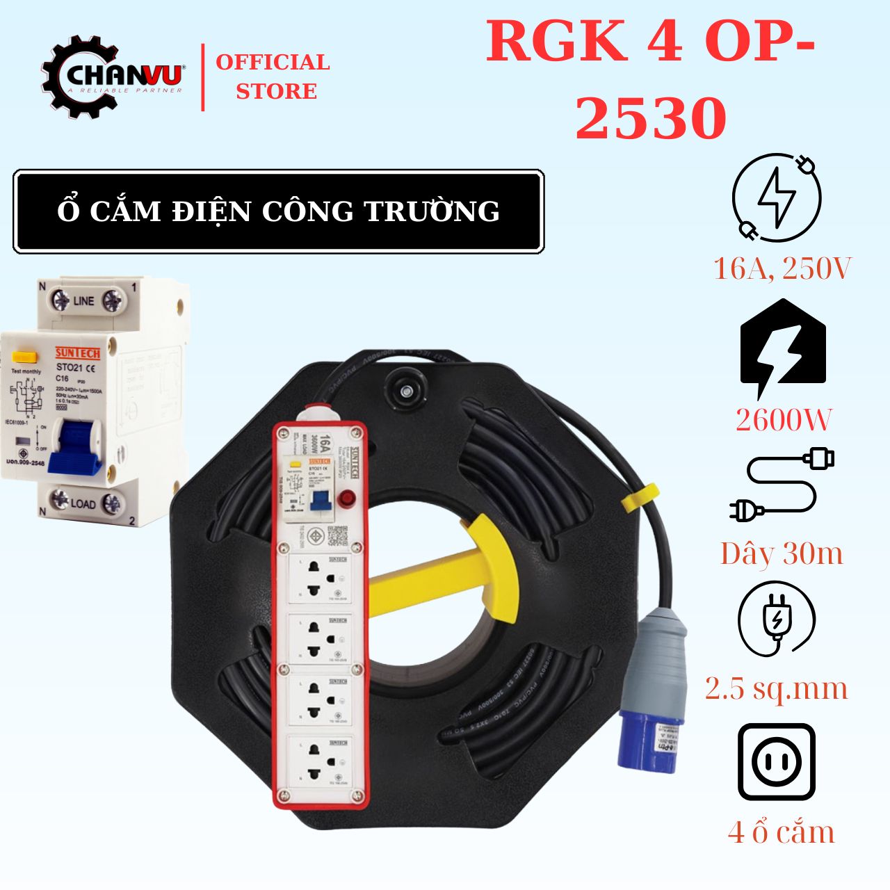 Ổ cắm điện công nghiệp SUNTECH có aptomat chống giật, chui cắm tròn, 2200-2600W, tiêu chuẩn Thái
