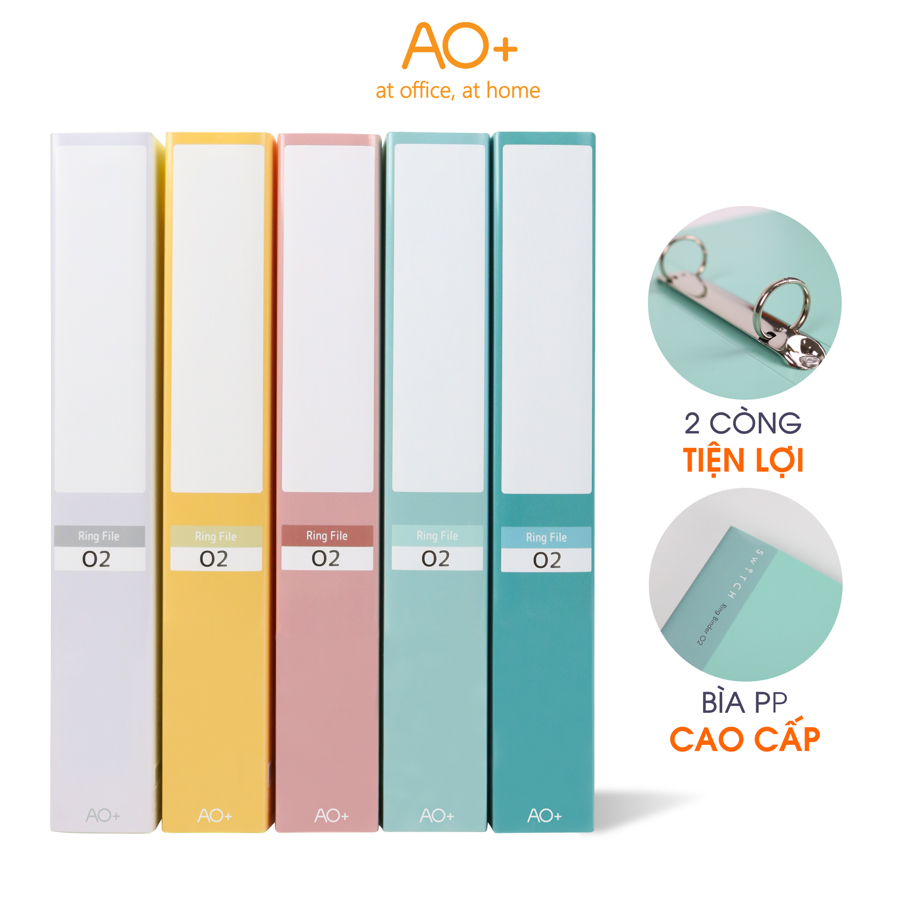 Bìa Còng O2 Switch ON AO+, Nhựa PP/ A4, 2 Nhẫn O