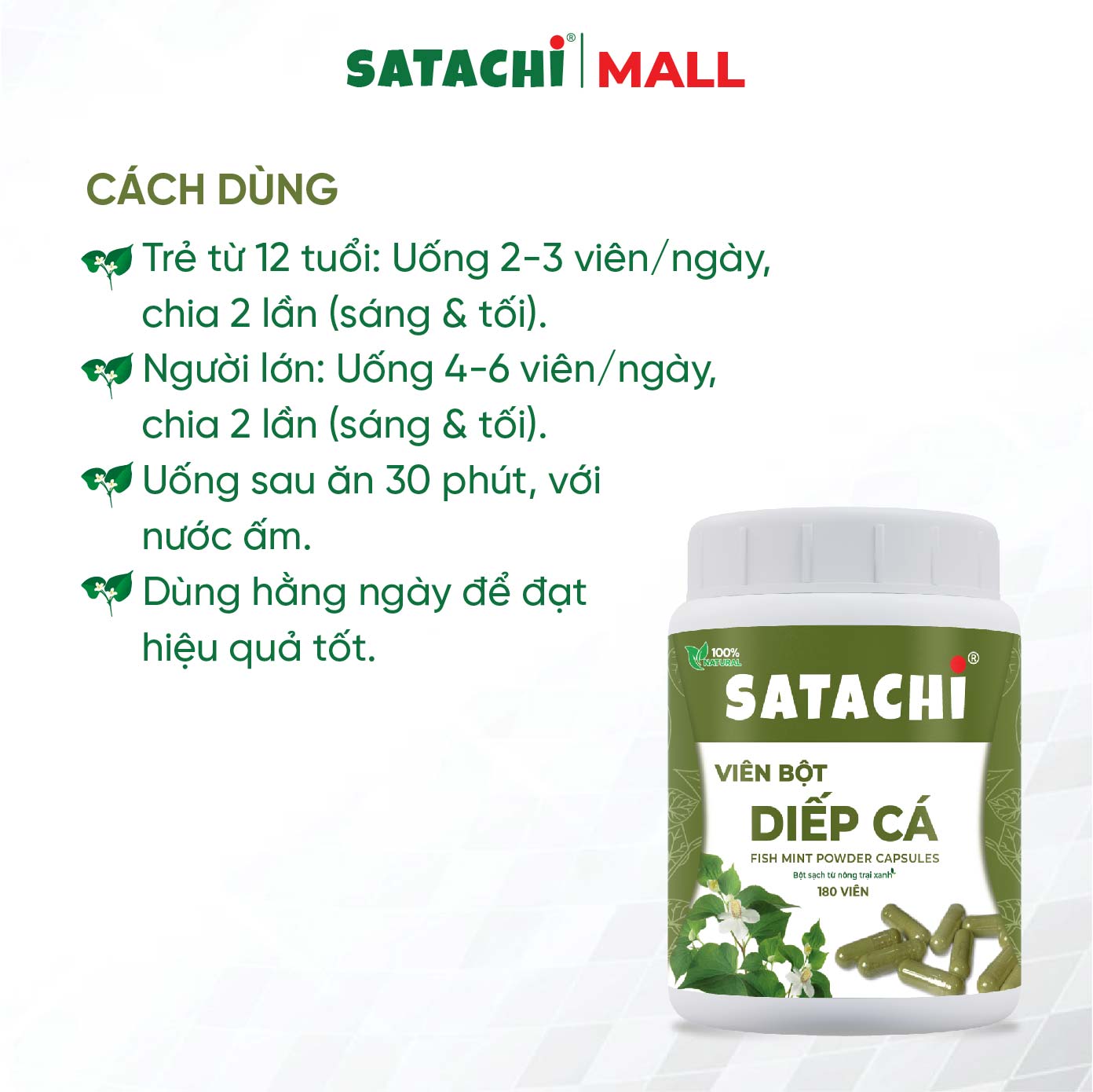 Viên Bột Diếp Cá Nguyên Chất SATACHI – 100% Lá Diếp Cá Tươi – Dạng Viên Tiện Lợi – Hộp 180 viên