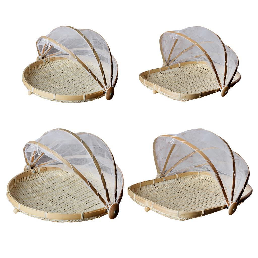 Bamboo Tent Basket Serving Food Outdoor Picnic Pop Mesh Screen Net Cover S1