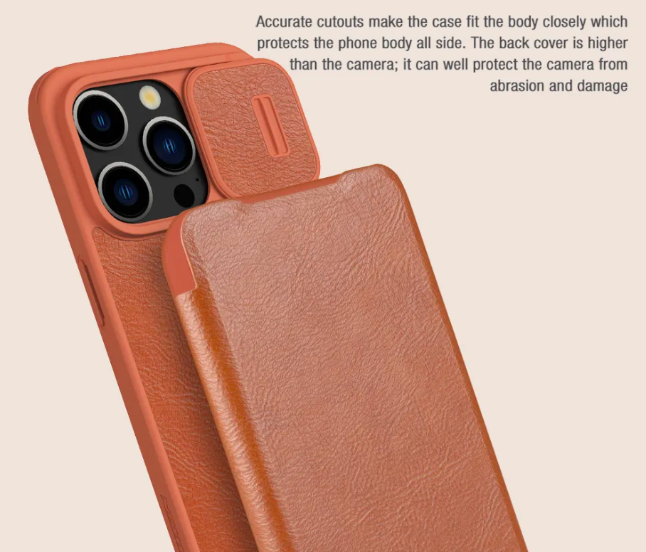 Bao da dành cho iPhone 15 Pro Max, 15 Pro hàng chính hãng Nillkin QIN có nắp trượt bảo vệ camera - Hàng nhập khẩu