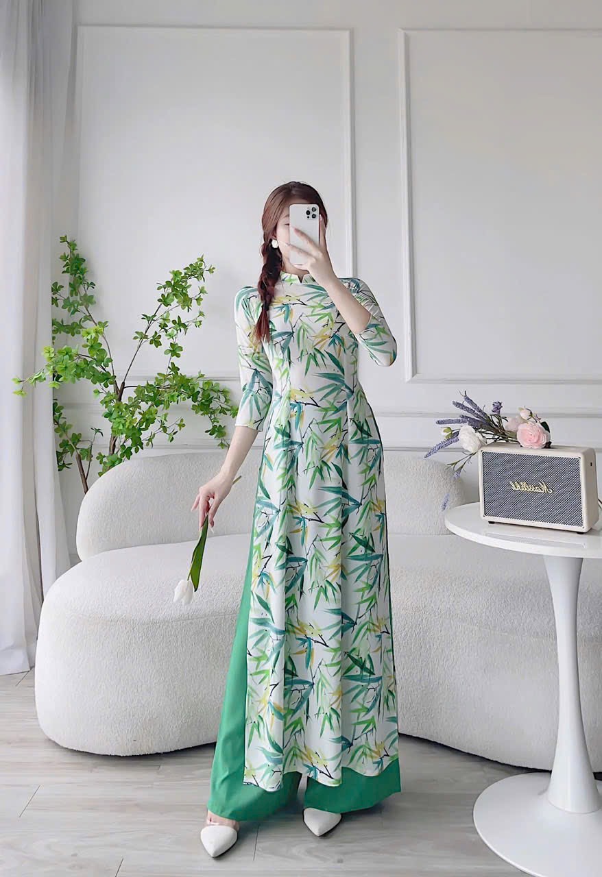 SÉT ÁO DÀI TRUYỀN THỐNG IN HỌA TIẾT LÁ TRE CAO CẤP