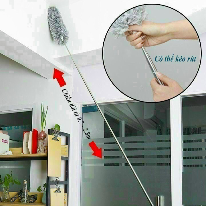 Chổi phất trần kéo dài cán inox điều chỉnh, chổi lau bụi đa năng