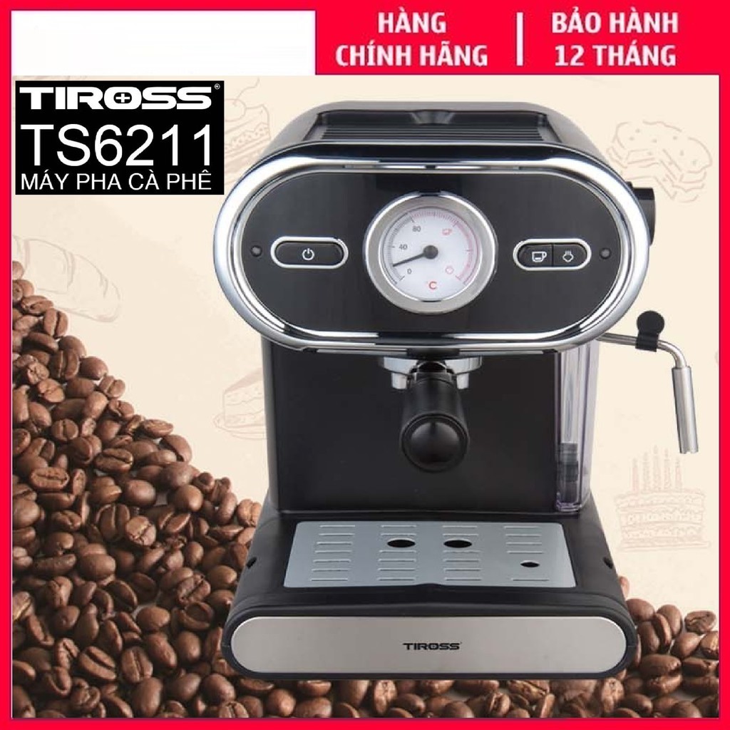 Máy Pha Cafe Espresso, Capuchino Bán Tự Động Gia Đình Tiross TS6211 (15bar), pha 2 tách cà phê cùng lúc, đánh bọt sữa bông và mịn , thương hiệu Ba Lan - Hàng chính hãng