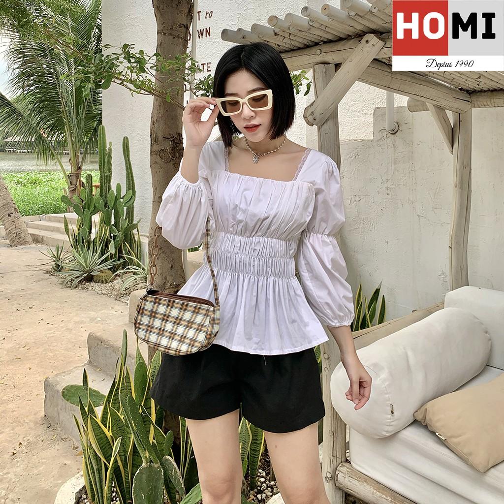 Áo Sơ mi Cổ Vuông phối ren trắng Homi Fashion