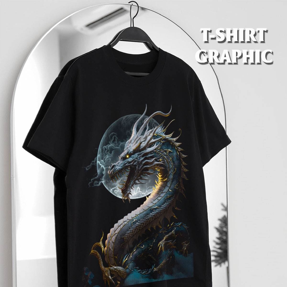 Áo thun nam cổ tròn tay ngắn TeeSett big size boy phố cotton màu đen in hình rồng xanh graphic design