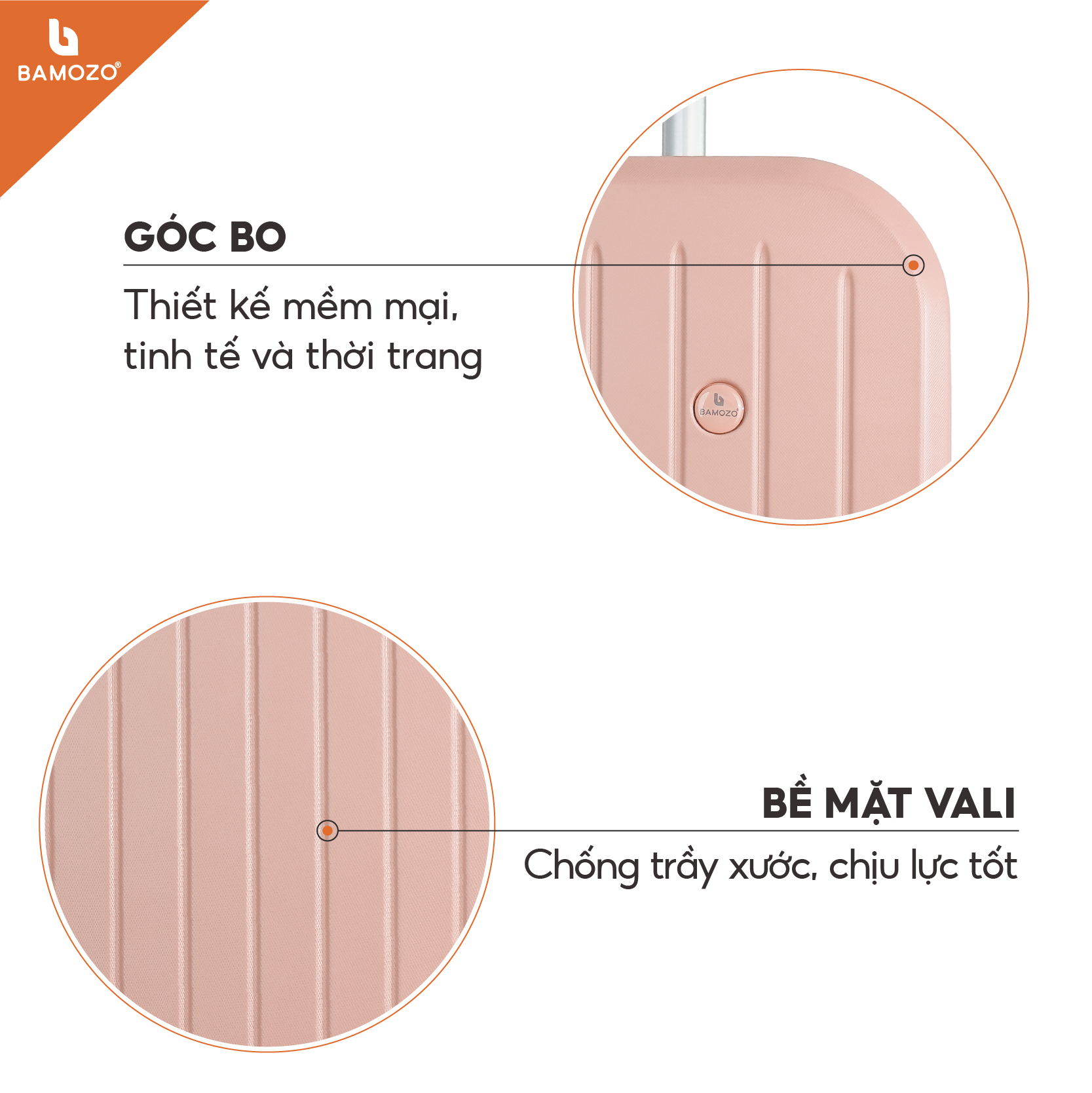 Vali du lịch thời trang BAMOZO 8812 MÀU HỒNG NHẠT size 20/24 , vali kéo chống trầy xước được bảo hành 5 năm