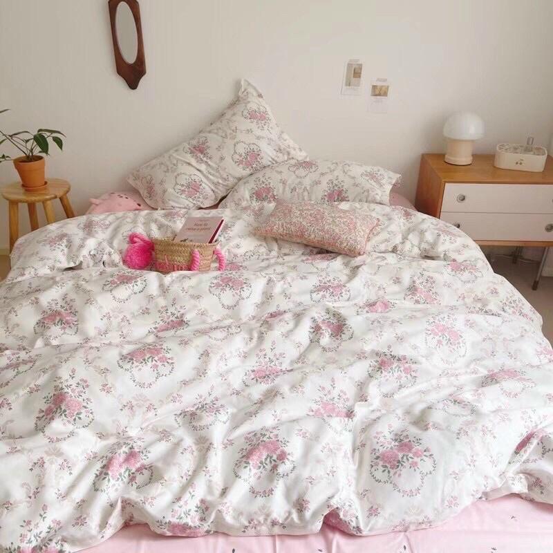 Bộ Chăn Ga Gối Cotton Living 100%cotton Hàng Nhập Khẩu Cao Cấp 4 Món Hoa Hồng Pháp