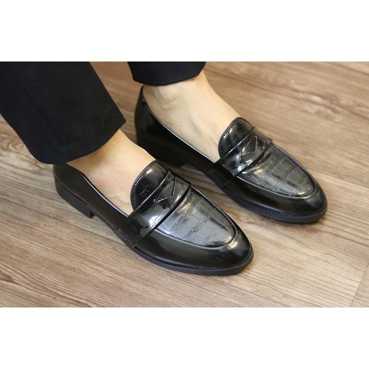 Giày Lười Nam Giá Rẻ - Da Pu Cao Cấp, Đế Cao Su Đúc - L134 Đen Bóng