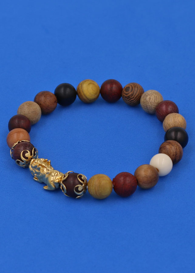 Chuỗi đeo tay Gỗ Đàn Hương 8 màu 8 ly - cẩn Tỳ Hưu Phong Thủy inox vàng VGDHMTHHKV8