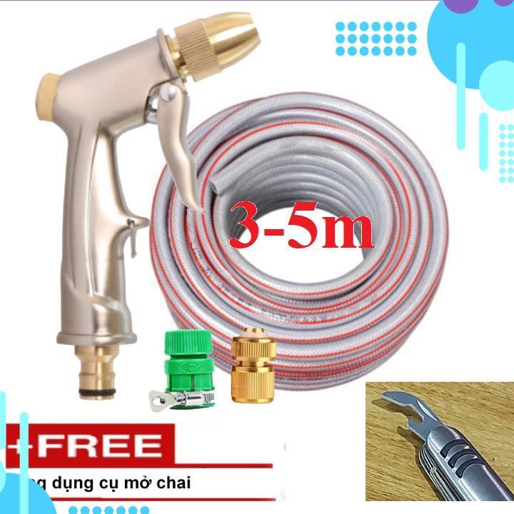 Bộ dây vòi xịt nước rửa xe,tưới cây,tăng áp 3 lần,loại 3m,5m 206701-1 đầu đồng,cút đồng,nối nhựa vàng+ mở chai