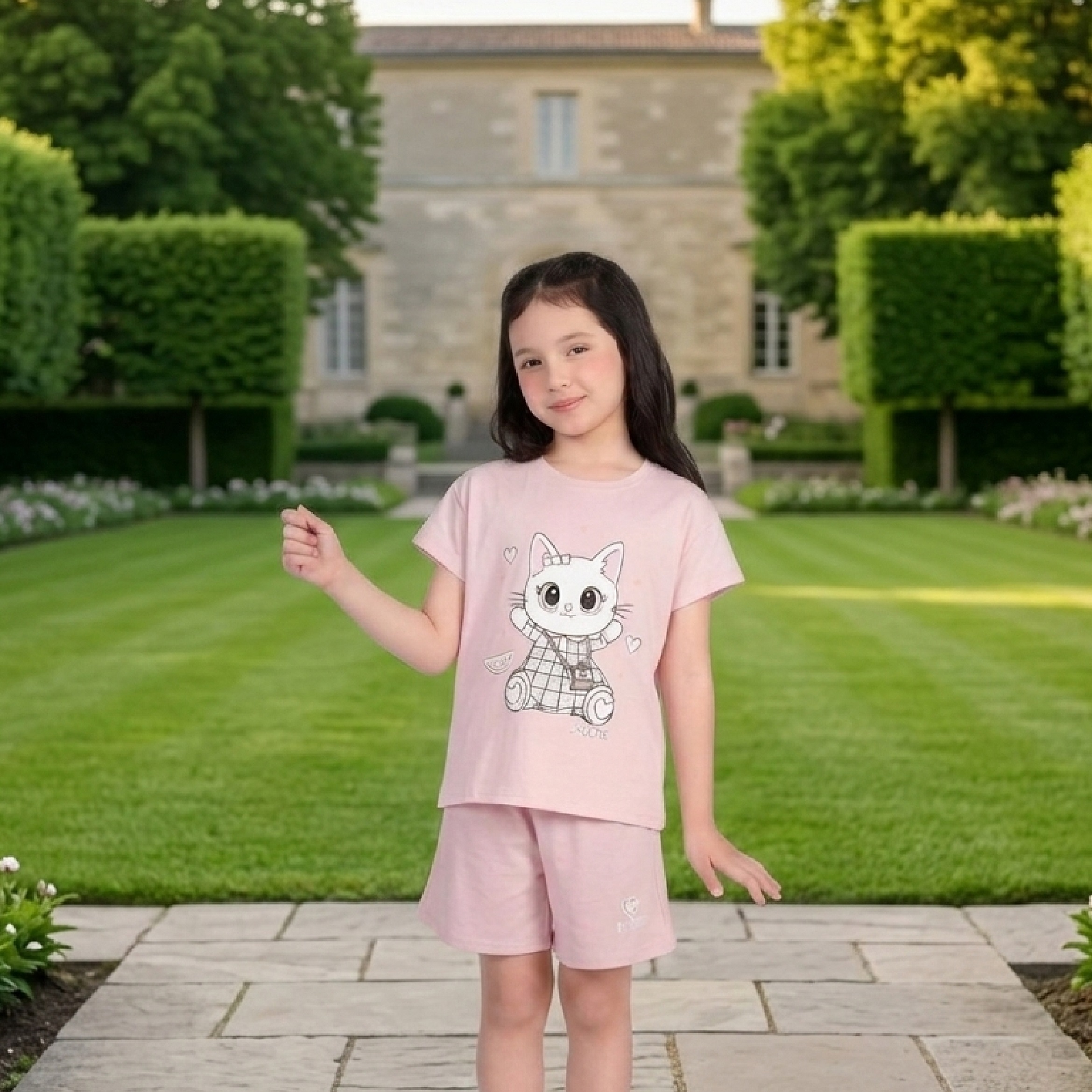 Bộ đồ cộc tay cho bé gái Bigfox Miss Meow size đại mặc nhà mùa hè vải cotton mềm cỡ trẻ em 3-11 tuổi