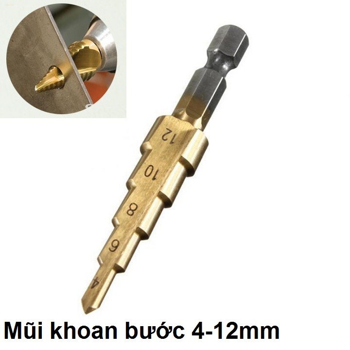 Mũi khoan bước tháp tầng 4-12mm phủ titan khoan kim loại,sắt,nhựa,gỗ...