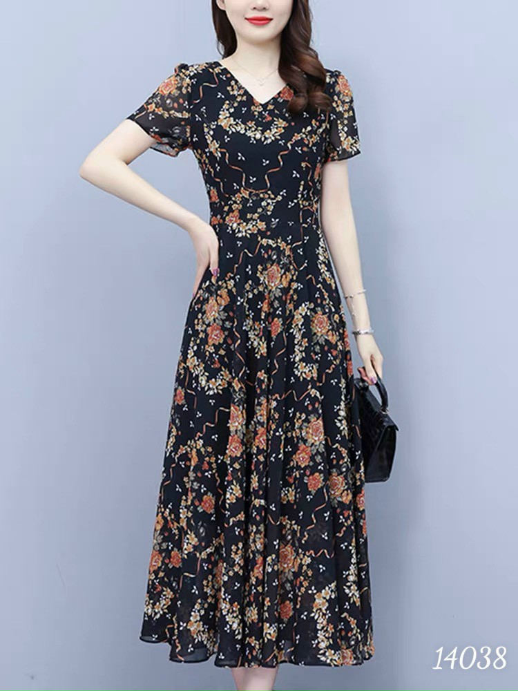 Đầm váy nữ voan midi hoa tay ngắn cổ V dự tiệc đám cưới đen cao cấp