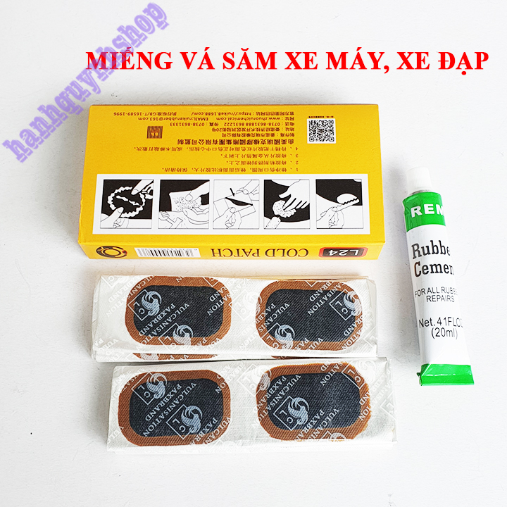 Hộp 24 miếng vá săm xe máy, xe đạp và tuýp keo 20ml