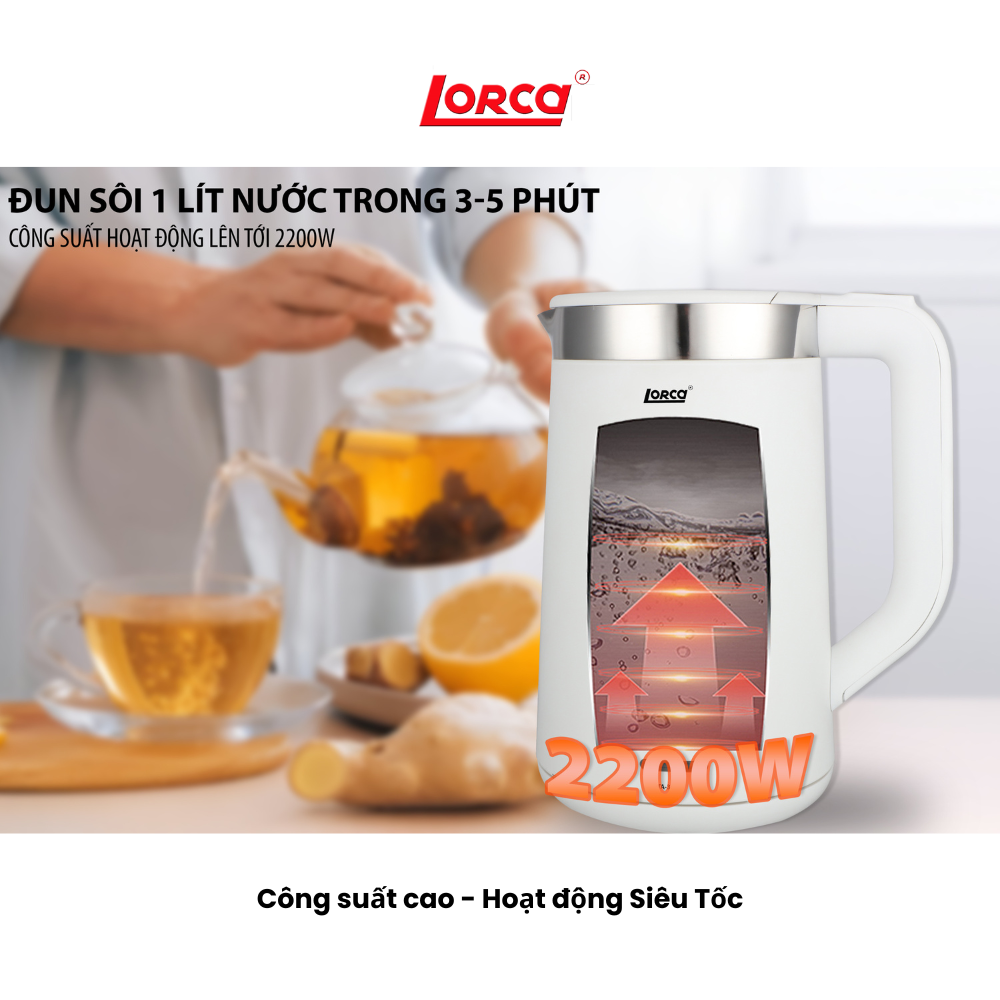 Ấm Siêu Tốc Inox 2 Lớp 1.7L Lorca TA 3015P, Công Suất 2200W, Thân Chống Bỏng, Hàng Chính Hãng Mới