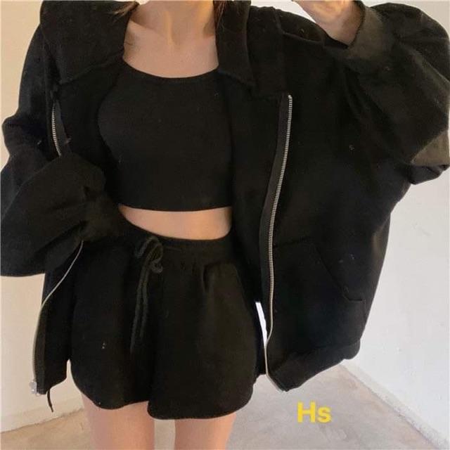 Sét Áo Hoodie Nam Nữ Thu Đông Đẹp Giá Rẻ In Hoạt Hình 3D Chất Nỉ Tixi - Sét ba món hoodie trơn+ áo dây HSU1
