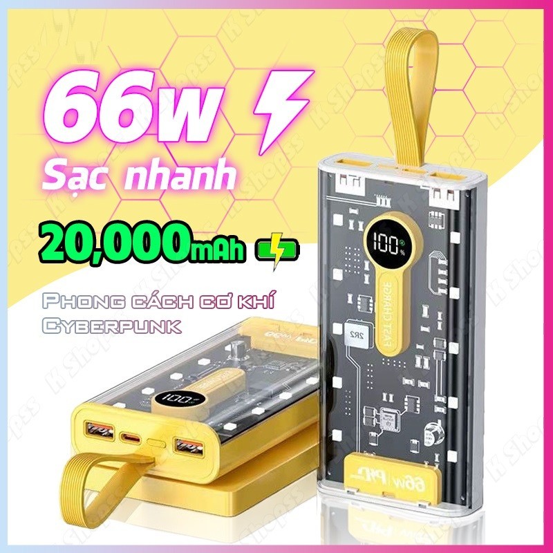 [TẶNG DÂY SẠC 4 ĐẦU] Sạc Dự Phòng 20000mAh - 66W Siêu nhanh sạc nạp dùng bộ vi mạch thế hệ mới - Hàng nhập khẩu