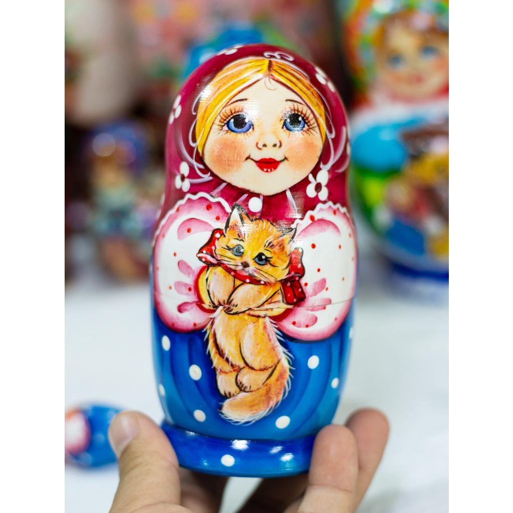 BỘ BÚP BÊ NGA MATRYOSHKA 5 LỚP 15CM "YULIA ÔM MÈO" QUÀ LƯU NIỆM NGA ĐỘC ĐÁO CỰC ĐẸP