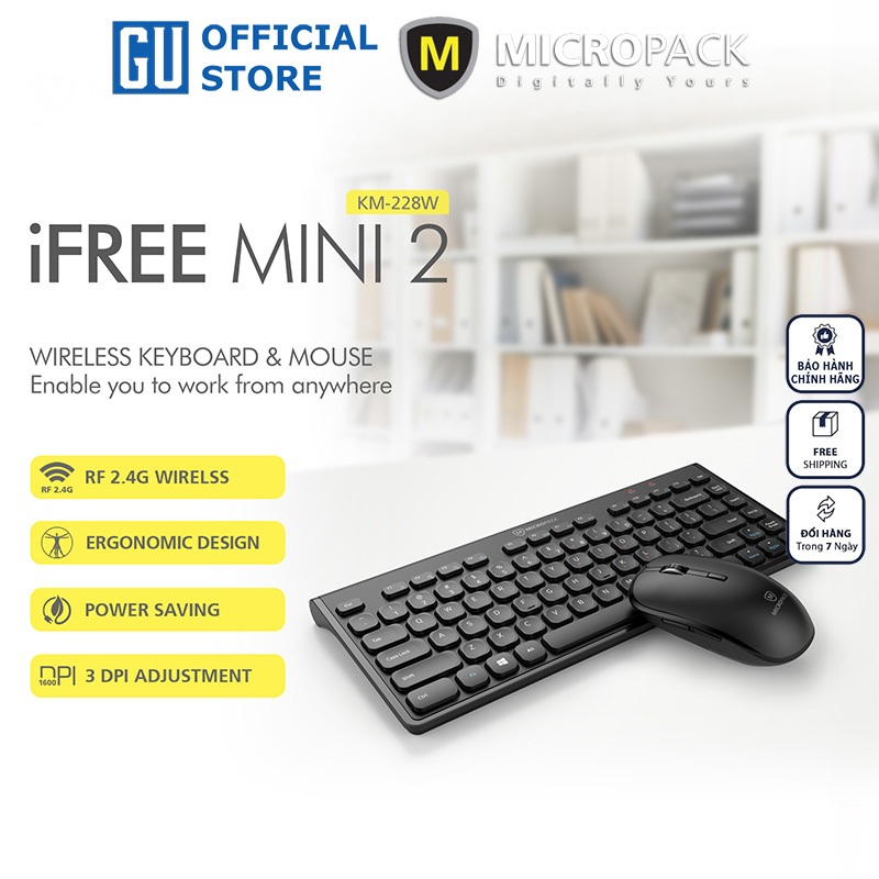Bộ Bàn Phím Kèm Chuột Không Dây MicroPack iFREE MINI 2 KM-228W Gọn Nhẹ Tiết Kiệm Điện Thời Gian Chờ Đến 277 Ngày Hàng Chính Hãng