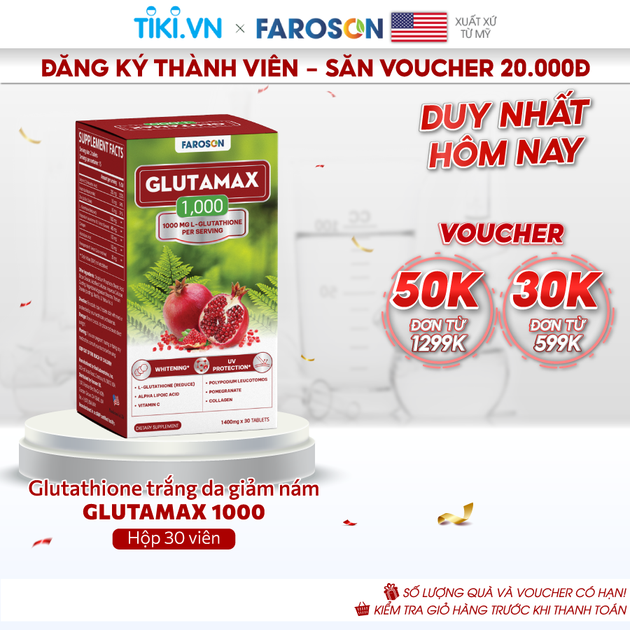 Viên uống Glutathione Faroson Glutamax 1000 trắng da mờ thâm nám chống nắng hộp 30 viên