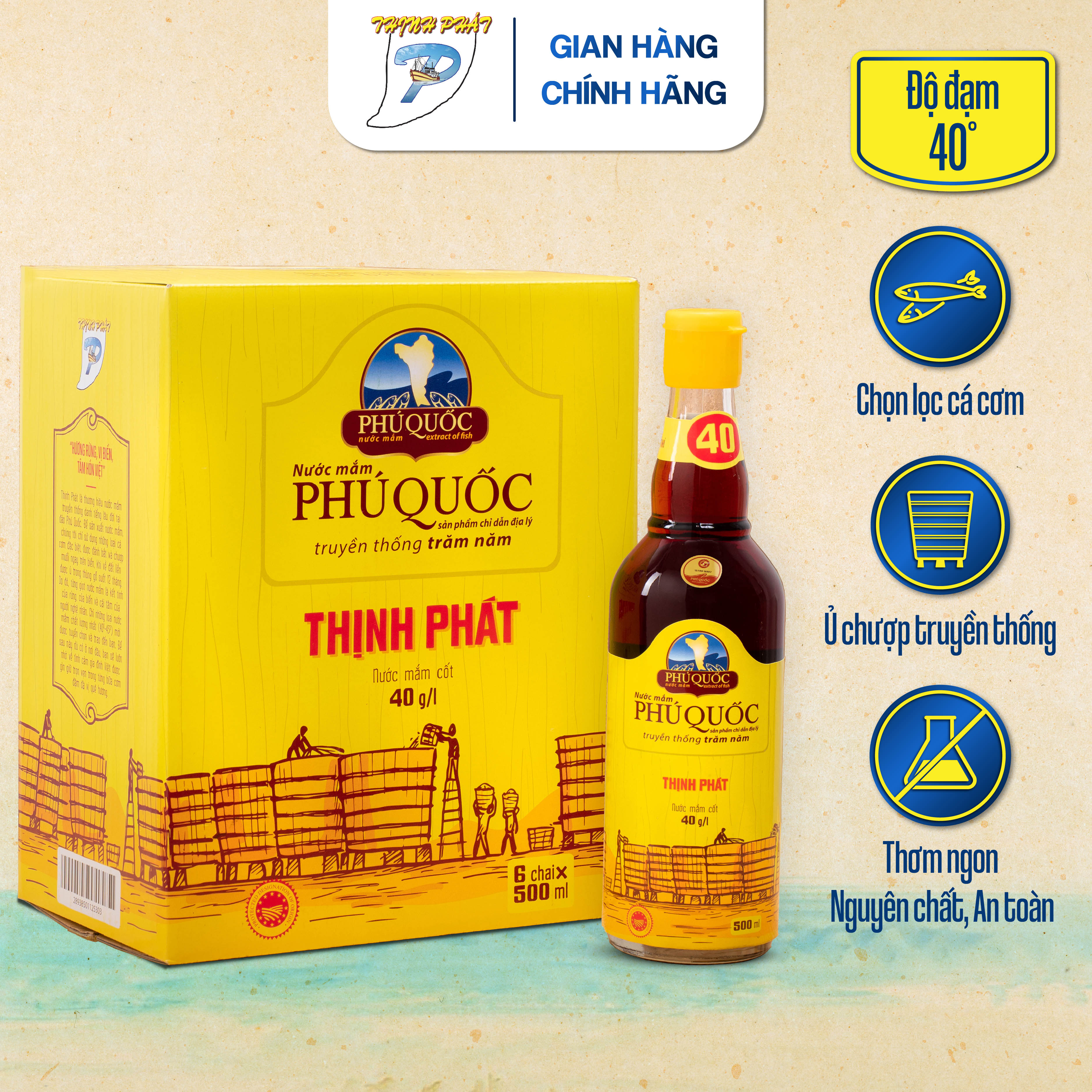 Combo 6 chai 500ml nước mắm Thịnh Phát Lam Ngọc 40 độ đạm