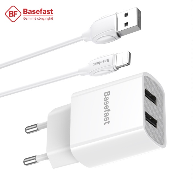 Bộ Sạc Nhanh 2 Cổng USB Chính Hãng Basefast B22i - ComBo Củ Kèm Cáp Sạc 2.1A Cho IPhone - Hàng Chính Hãng