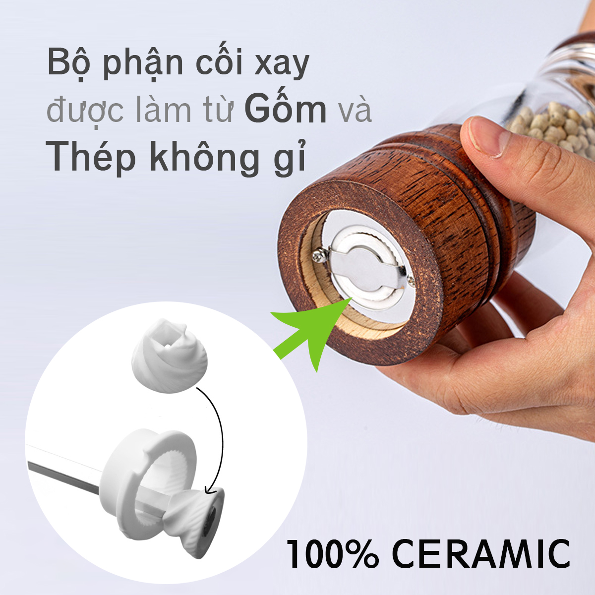 Máy xay tiêu cầm tay vỏ gỗ kết hợp acrylic trong suốt (GA09), dụng cụ xay hạt tiêu với lõi gốm bền bỉ