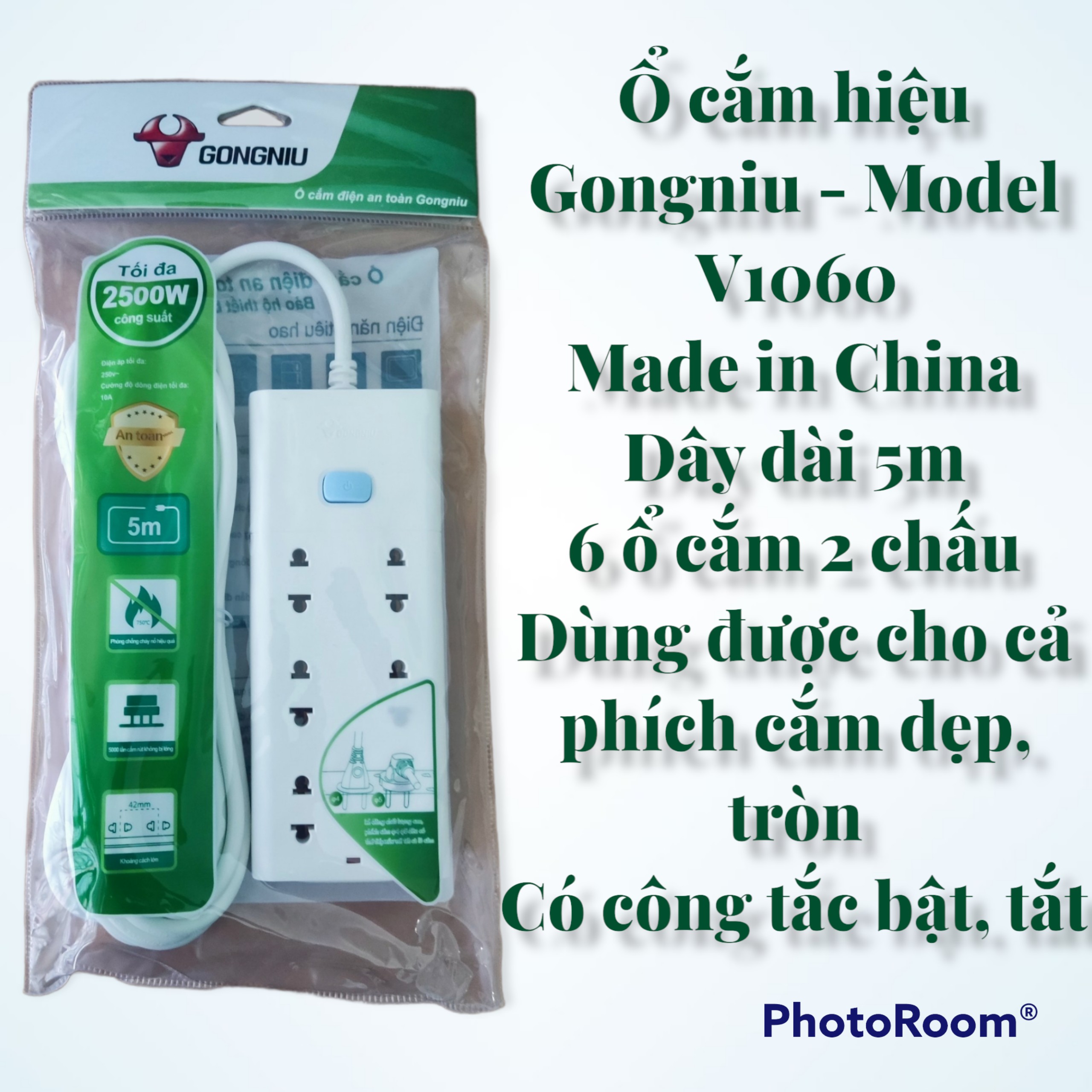 Ổ Cắm Điện Gongniu Đa Năng 6 Ổ 1 Công Tắc 2500W – V1060