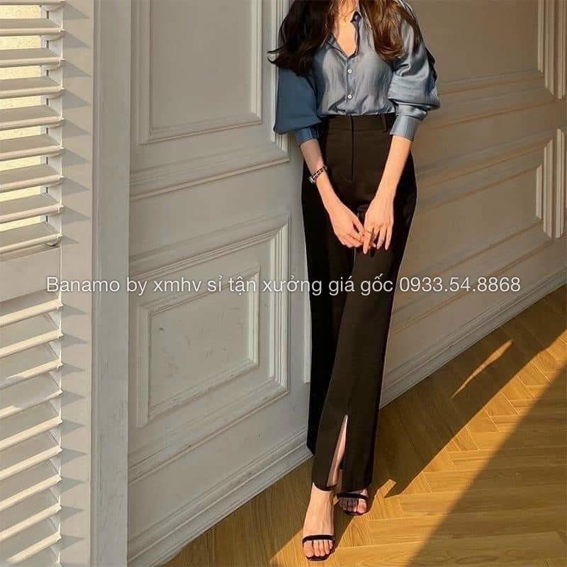 Quần vải ống loe xẻ trước cạp cao dáng xinh thời trang Banamo Fashion quần loe xẻ gấu 435