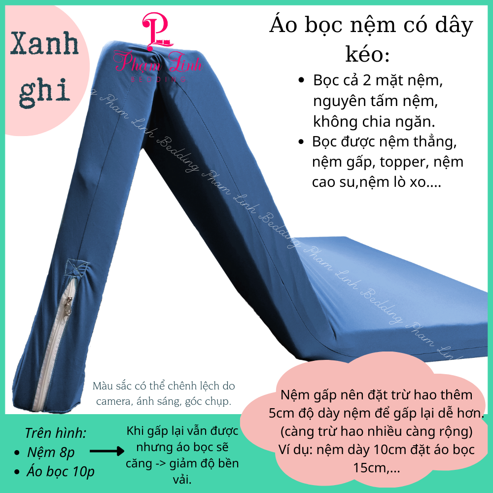 [Xanh ghi] Áo bọc nệm 2 mặt dây kéo vải thun sợi siu (silk) màu trơn Hàn Quốc vỏ bọc bảo vệ nệm nguyên tấm không chia ngăn co dãn