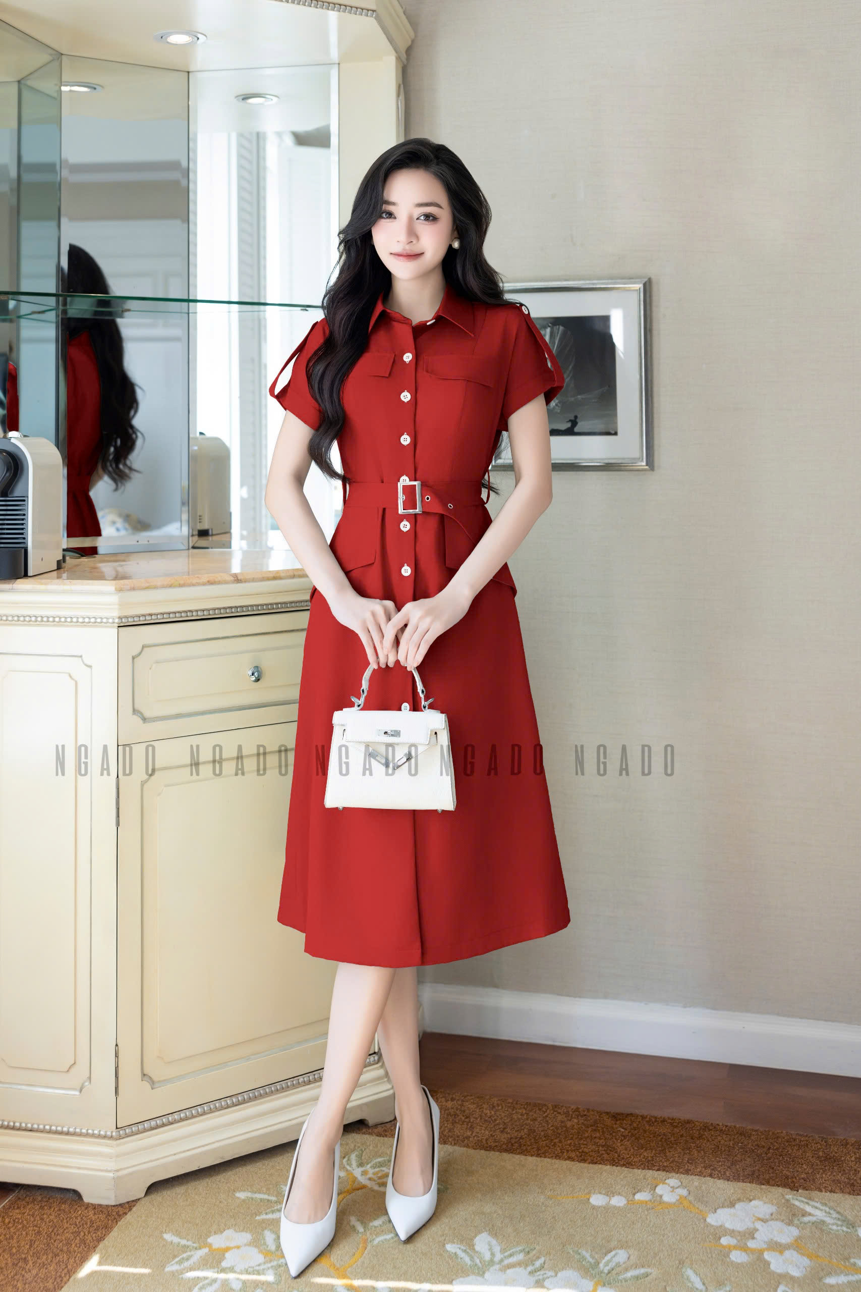 Đầm sơ mi đỏ NGADO , đầm kiểu Nữ , đầm dự tiệc , sang trọng