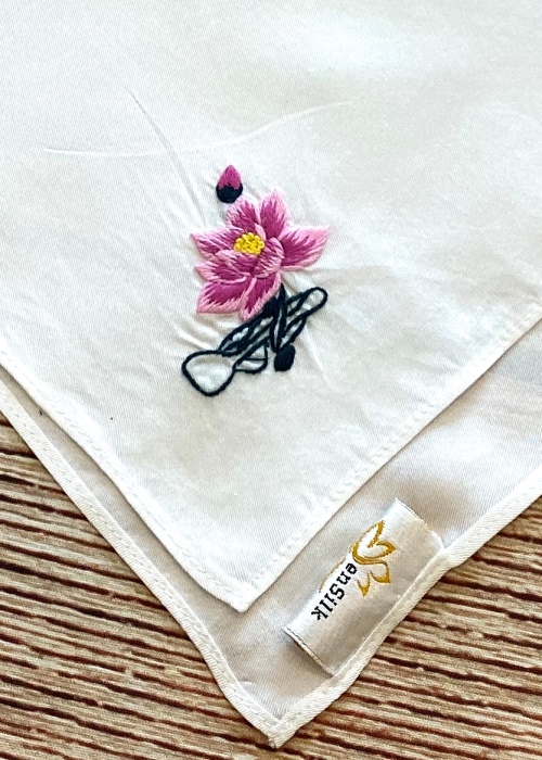 Khăn Tay Lụa Thêu Hoa Sen (Trắng) - SenSilk Lotus Hand-Embroidered Handkerchief