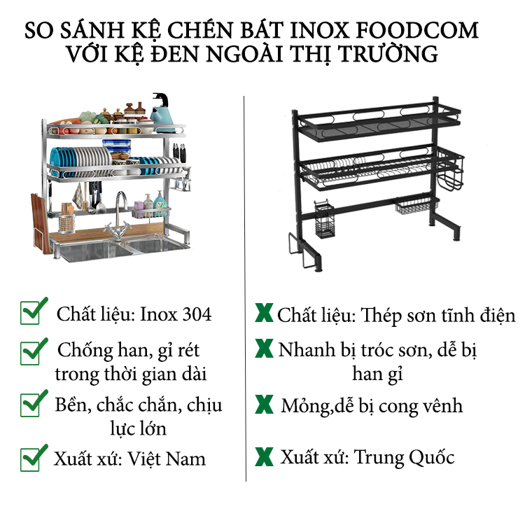 Kệ chén bát đa năng Foodcomkích thước 106 cm 2 tầng dùng cho bồn đôi bằng inox cao cấp không gỉ, giá để bát trên bồn rửa ráo nước cho nhà bếp sạch sẽ