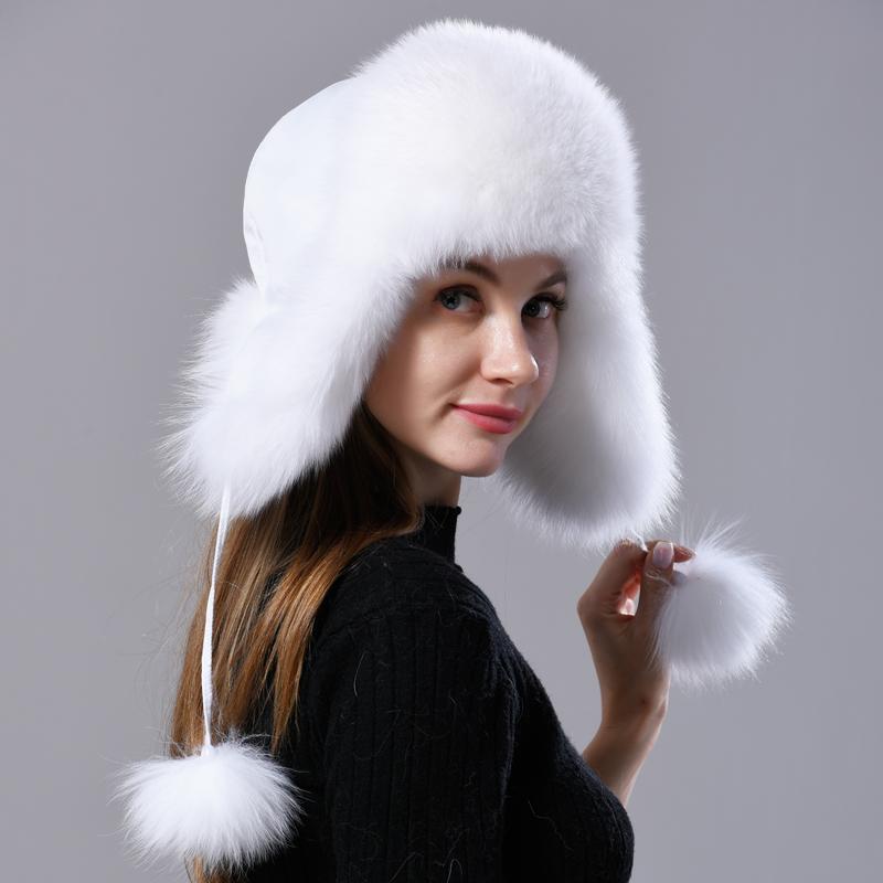 Tự Nhiên Cáo Lông Hàng Không Nga Nón Tai Ushanka Nữ Mùa Đông Ấm Lông Tơ Nữ Thời Trang Đuôi Nắp Thật Thời Trang Lông Thú nón