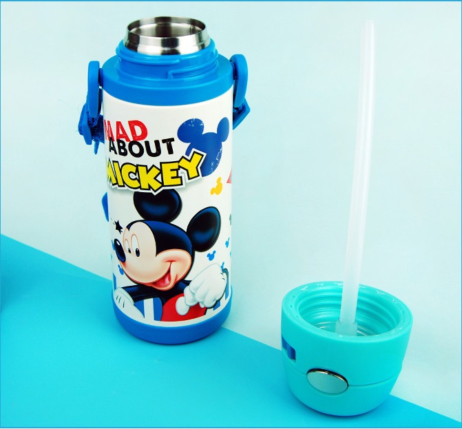 Bình nước giữ nhiệt có ống hút hình chuột Mickey vạch thẳng đứng màu xanh cho trẻ em, các bé, học sinh - (400ml) - WD-3424MK2