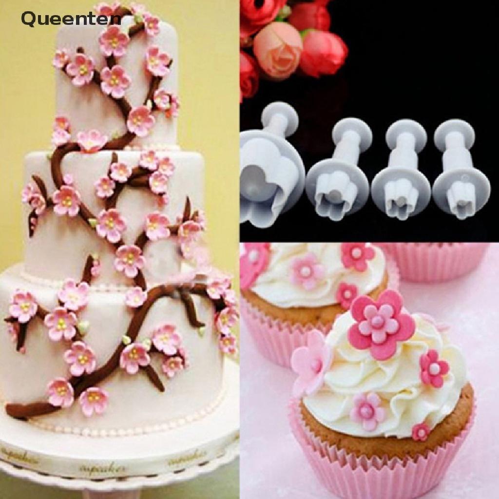 Queenten 4Pcs Plum Flower Fondant Cake Cutter Plunger Cookie Mold Decorating Candy Mould QT