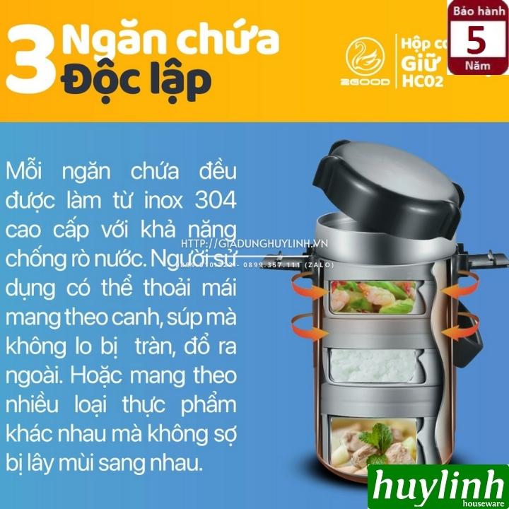 Hộp cơm giữ nhiệt 3 ngăn 2Good HC02 - 2 lít - Tặng túi xách - Kèm Đũa - Thìa - Bảo hành 5 năm - Hàng chính hãng