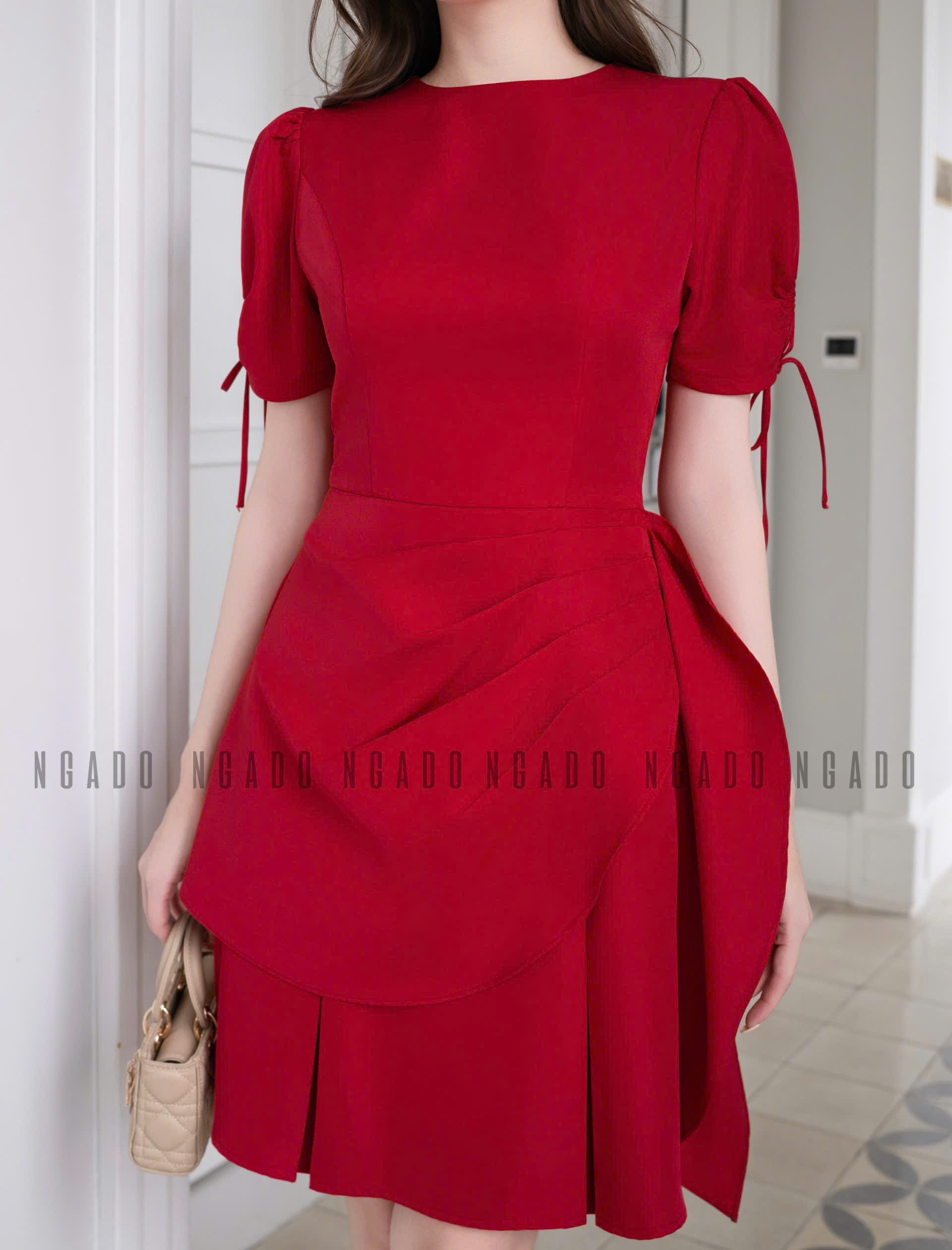 Đầm đỏ vạt xếp NGADO , đầm nữ , đầm công sở , dạo phố