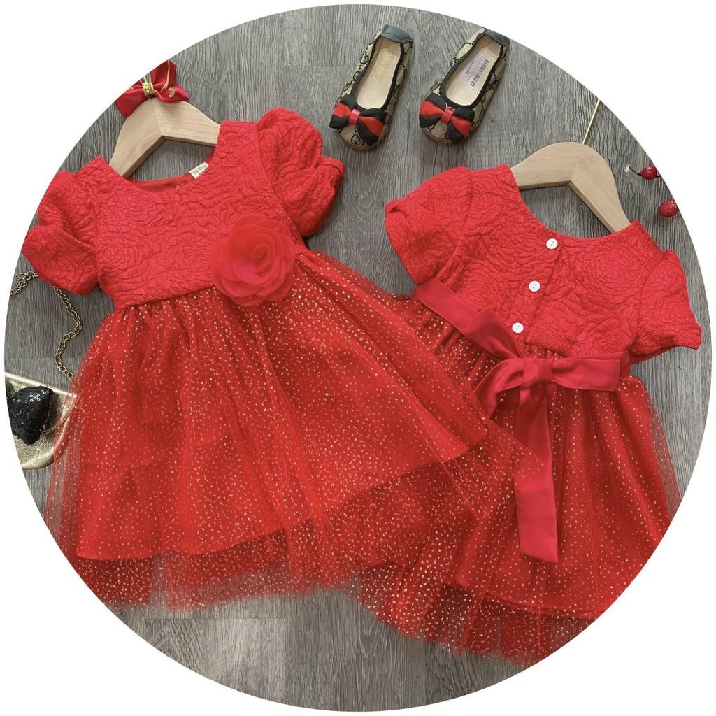 Váy đỏ đai eo bé gái siêu đẹp