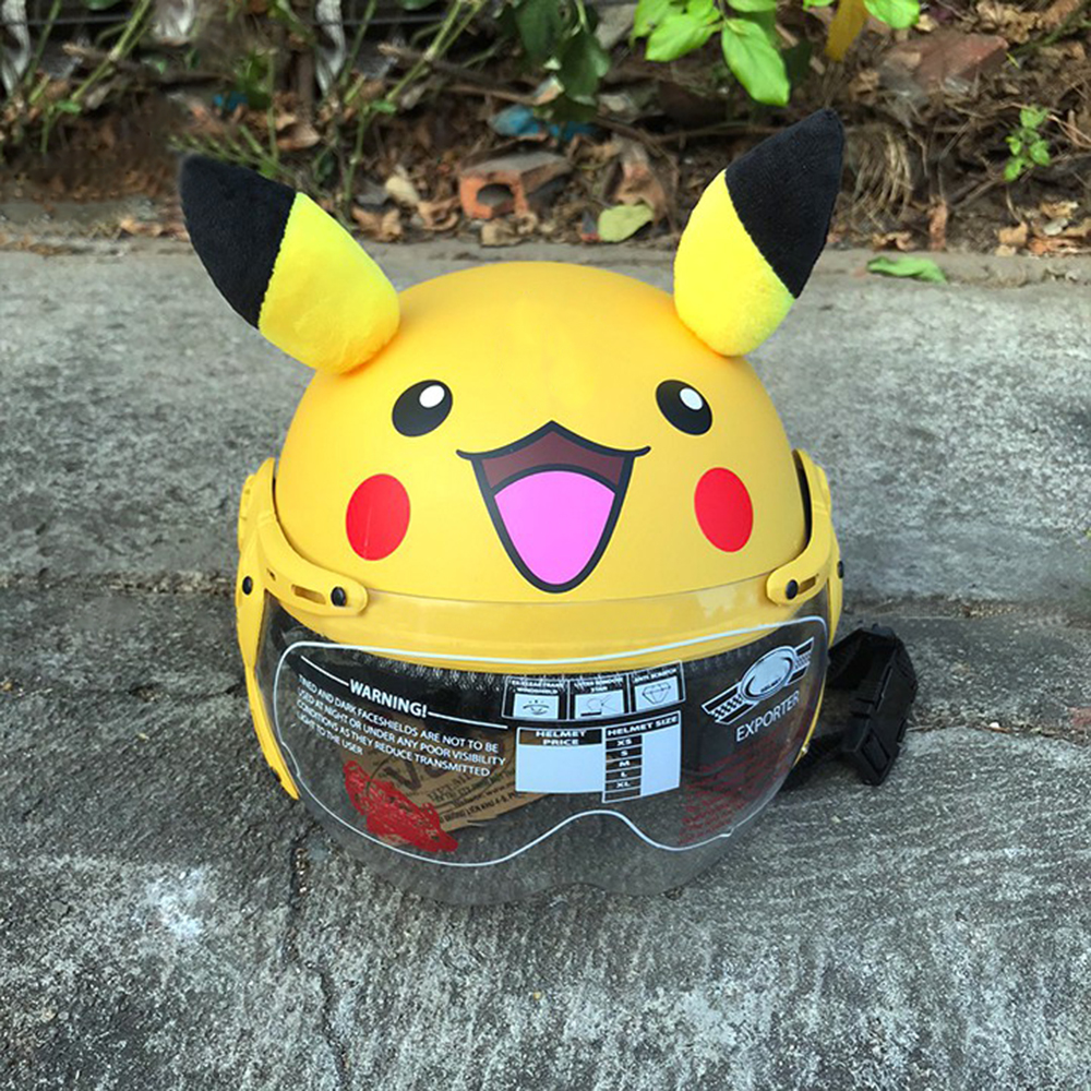 Mũ bảo hiểm bảo vệ đầu trẻ em có kính chống bụi cho bé Pikachu vàng có tai siêu dễ thương