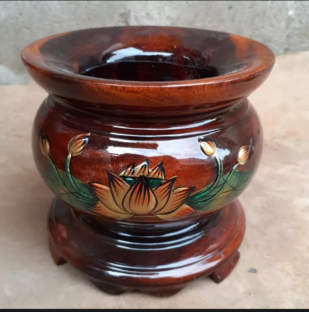 Bát nhang,lư hương gỗ xoan đào hoạ tiết hoa sen đk -16 cm