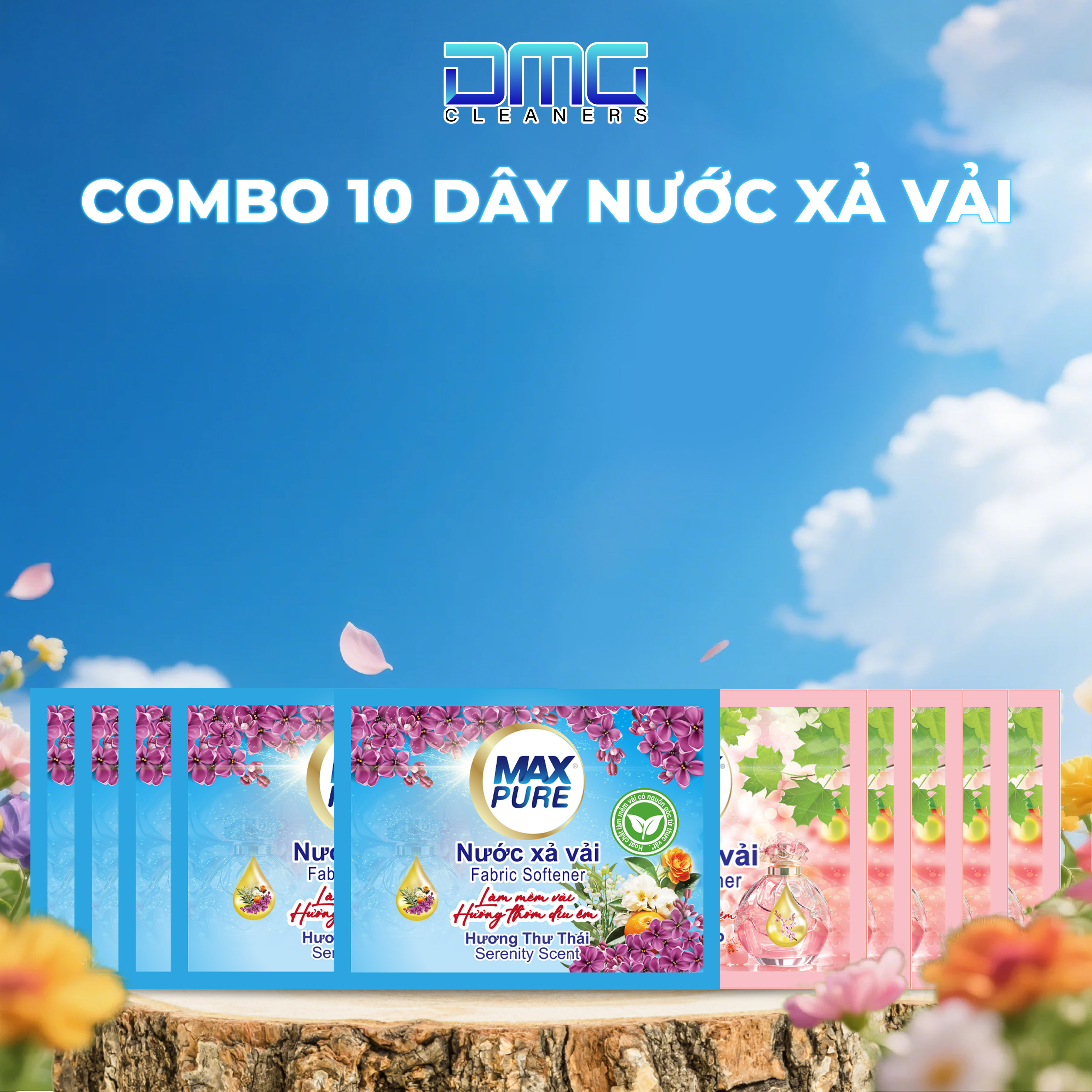 Combo 10 Dây Nước Xả Vải Maxpure Hương Coco  + Hương Thư Thái (5 Dây Coco + 5 Dây Thư Thái ) 100 Gói x 20ML - Tiện Lợi Thơm Mát 7 Ngày